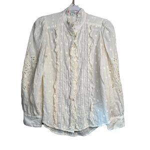 Sundance White Floral Eyelet Swiss Dot Blouse Button Top Size XS K3